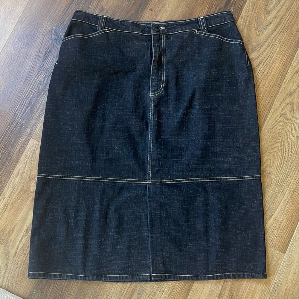 French Dressing Jeanswear Paris Black Denim Jean Knee Length Skirt Pockets S 16